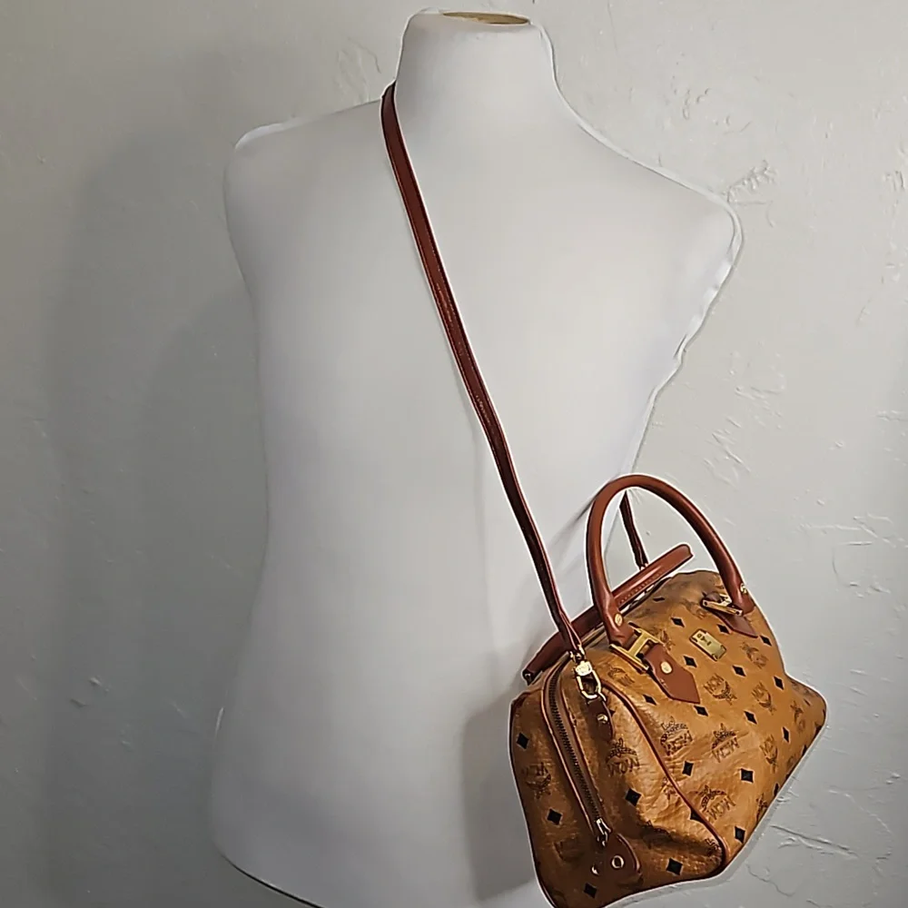 Authentic MCM Monogram Vintage Speedy Bag Cognac Visetos w/ Crossbody Strap